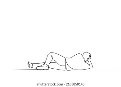 man lies on his side props his head up with his hand - one line drawing vector. concept procrastination, laziness, observation, rest