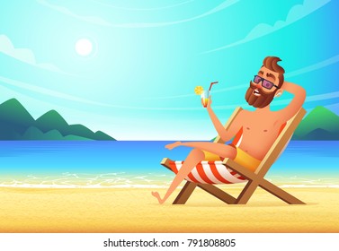 A man lies on a lounger on a sandy beach, drinks a cocktail and relaxes. Vacation at sea, vector illustration