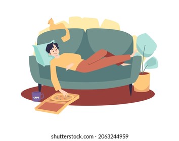 El hombre yace en el sofá con gato, come pizza y bebe café - ilustración vectorial plana aislada en el fondo blanco. Concepto de pereza, estilo de vida sedentario o problemas de salud mental.