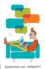 A man lies on the sofa. He speaks in chat. A man uses a laptop.