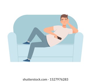 Man lies on a sofa and holds a TV remote in his hands bad habit illustration