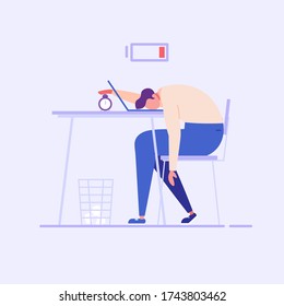 Un hombre yace sobre la mesa, sin vigor. Concepto de gente cansada, estrés y agotamiento emocional, baja energía, trabajador frustrado, ineficiencia. Ilustración vectorial en diseño plano.