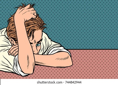 Man Lies On The Table, Thinking, Depression And Fatigue. Pop Art Retro Vector Illustration