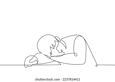 man lies on a table using his hand as a pillow - one line drawing vector. the concept of being tired and falling asleep sitting at the table