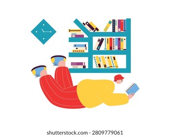Man lies on their stomach on the floor, reading a book in front of bookcase, clock on the wall.