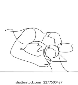 man lies or sleeps embracing an infant lying next to him - one line drawing vector. concept caring father, tired dad, father's day