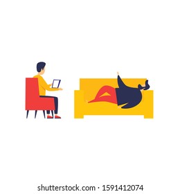 Man lies talking to a psychologist. Flat style vector illustration.