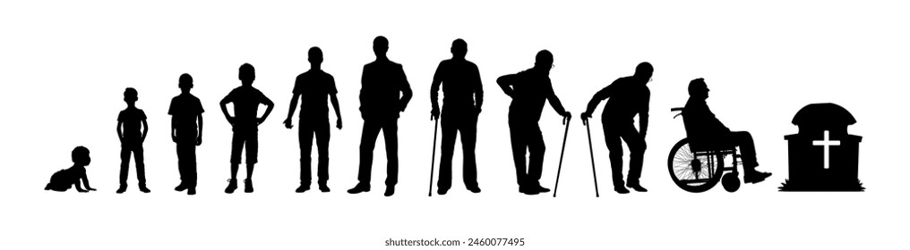 Man life cycle and aging process stages from baby to death human life path vector silhouette set.	