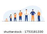 Man life cycle concept. Set of male character in different age. Baby, kid, boy, pupil, student, adult, pensioner, old man standing in line. Flat vector illustration for age and generation topics