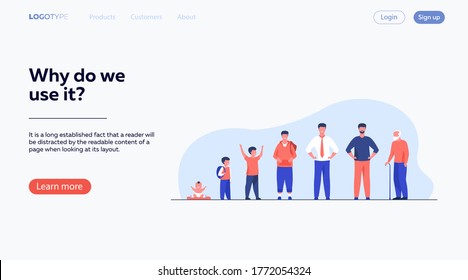 Man life cycle concept. Set of male character in different age. Baby, kid, boy, pupil, student, adult, pensioner, old man standing in line. Flat vector illustration for age and generation topics