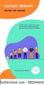 Concepto del ciclo vital del hombre. Conjunto de caracteres masculinos de diferente edad. Bebé, niño, niño, alumno, estudiante, adulto, pensionista, anciano haciendo cola. Ilustración vectorial plana para temas de edad y generación