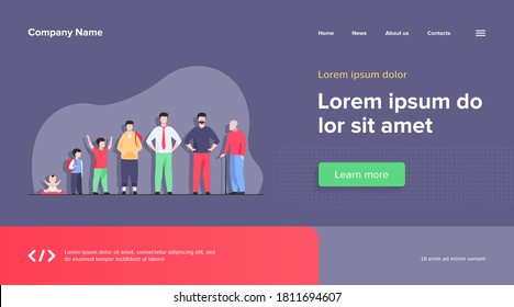 Man life cycle concept. Set of male character in different age. Baby, kid, boy, pupil, student, adult, pensioner, old man standing in line. Flat vector illustration for age and generation topics
