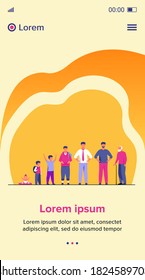Man life cycle concept. Set of male character in different age. Baby, kid, boy, pupil, student, adult, pensioner, old man standing in line. Flat vector illustration for age and generation topics