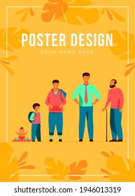 Man life cycle concept. Set of male character in different age. Baby, kid, boy, pupil, student, adult, pensioner, old man standing in line. Flat vector illustration for age and generation topics