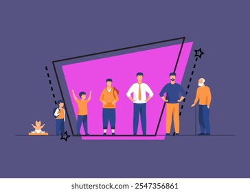 Conceito de ciclo de vida do homem. Conjunto de caracteres masculinos em idades diferentes. Bebê, garoto, garoto, aluno, estudante, adulto, aposentado, velho na fila. Ilustração de vetor plano para tópicos de idade e geração
