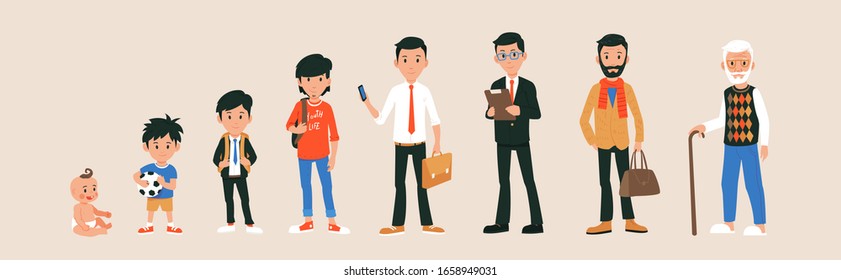 Man life cycle, in different age, flat vector illustration. Man character stages of growing up from newborn baby to teenage boy and grandfather. Infancy, childhood, adulthood and senility.
