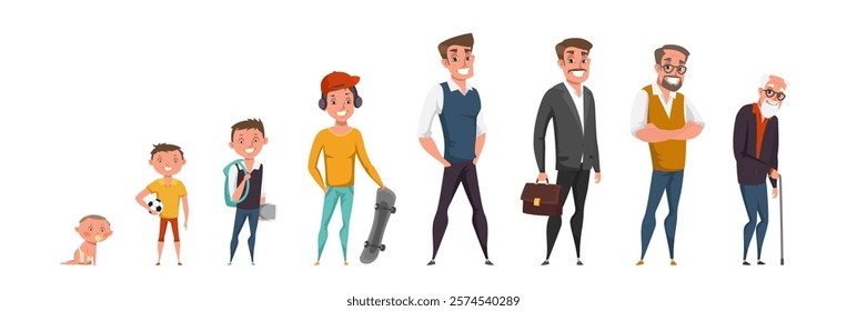 Man life cycle, stages flat vector illustration. Cartoon male characters. Person growth process, phases. Infancy, childhood, maturity and senility. Baby, teenager, adult and senior.