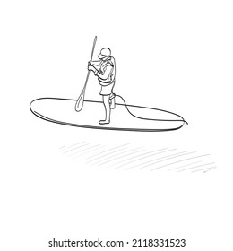 man with life jacket and cap standing up on paddle board illustration vector hand drawn isolated on white background line art.