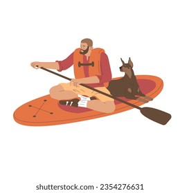 A man in a life jacket controls a sup with an paddle. Walk on the water with a doberman. Relaxed outdoor recreation. Summer fun. Vector illustration in cartoon style. Isolated on white background.