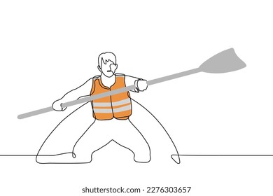 man in a life jacket sits in a boat in his hands a wooden oar - one line drawing vector. lifeguard rowing a boat concept