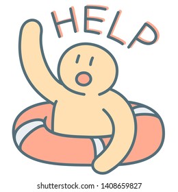 Man in lifebuoy call for emergency help - vector illustration of cry for help