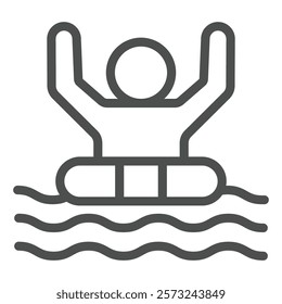 Man with lifebuoy line icon, life insurance concept. Vector graphics. Human at water, call help sign on white background, outline style icon for mobile or web design