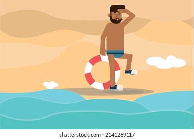 a man with a lifebuoy on the beach in summer near the sea