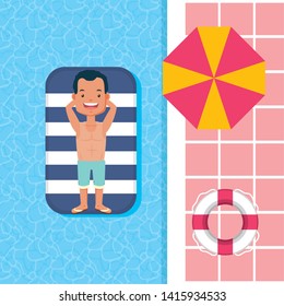 man with lifebuoy in the pool umbrella lifebuoy summer time vector illustration