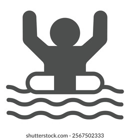 Man with lifebuoy solid icon, life insurance concept. Vector graphics. Human at water, call help sign on white background, glyph style icon for mobile or web design