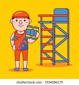 Man Lifeguard Profession Cartoon Vector