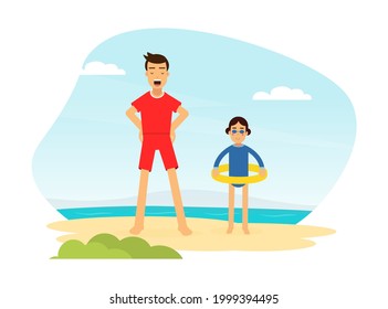 Man Lifeguard or Rescuer Supervising Safety and Rescuing Swimmers and Surfers Vector Illustration