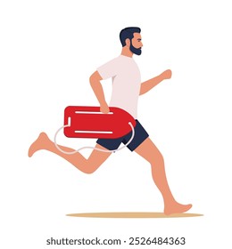 Man lifeguard runs along beach to save life of man in need of help is drowning in sea. Guy works as lifeguard. Vector illustration