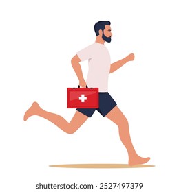 Man lifeguard runs along beach to save life of man in need of help is drowning in sea. Guy works as lifeguard. Vector illustration