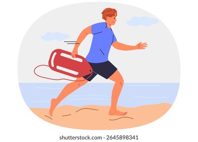 Man lifeguard runs along beach to save life of man in need of help is drowning in sea. Guy works as lifeguard at summer resort and hurries to provide first aid to people cannot swim.