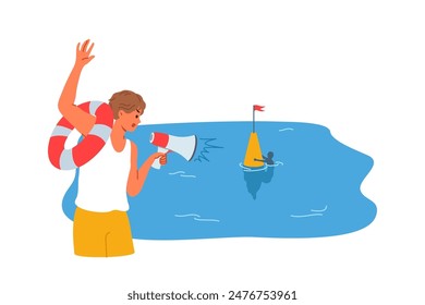 Man lifeguard waves hand to drowning man and holds lifebuoy demonstrating readiness to help. Man drowns due to non-compliance with rules of swimming and swimming behind buoy, needs help of lifeguard