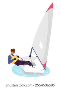 Man in lifejacket sailing on keelboat flat vector illustration isolated on white.