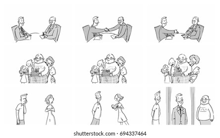 Man Lifestyle Work And Family Sketch Vector Illustrations Sketch For Cartoon, Storyboard, Project