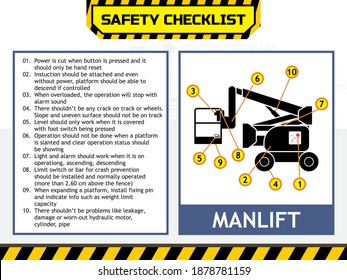 Man lift, aerial lift daily prestart safety inspection cheklist item. Industrial or construction site work.