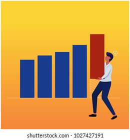 Man lift bar graph chart up. Improve,profits, effort concept.