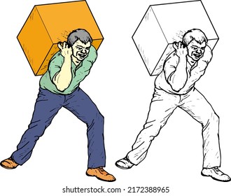 Man lift a heavy load on his back, isolated against white. Hand drawn vector illustration.