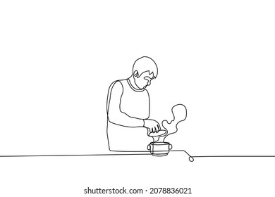 man lifted the lid of the pan from which steam was rising - one line drawing vector. home cooking concept, checking the readiness of the dish, man preparing food
