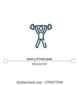 man lifting bar vector line icon. Simple element illustration. man lifting bar outline icon from behavior concept. Can be used for web and mobile
