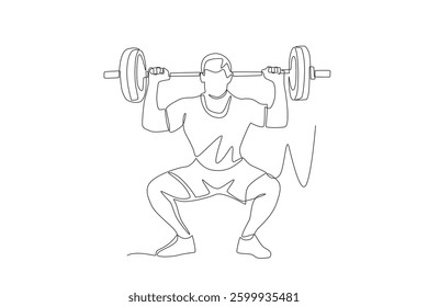 Man lifting barbell. Fitness concept one-line drawing