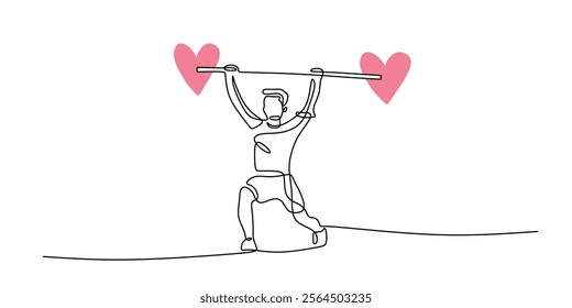 A man lifting a barbell with a love symbol in continuous line drawing. Depicting strength, love, and the power of positive emotions. Vector illustration hand drawn.