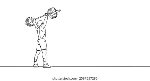 Man Lifting Barbell Overhead Line Drawing Vector Illustratoon. Muscular man performing an overhead barbell lift, representing strength training, weightlifting, and athletic fitness