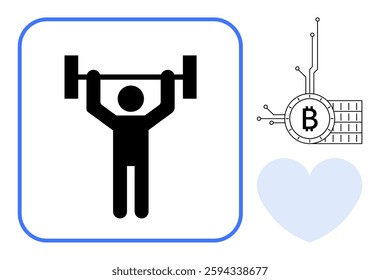 Man lifting a barbell in a square frame. Next to it a bitcoin symbol with digital connections and a blue heart. Ideal for fitness, cryptocurrency, health, digital finance, modern lifestyle