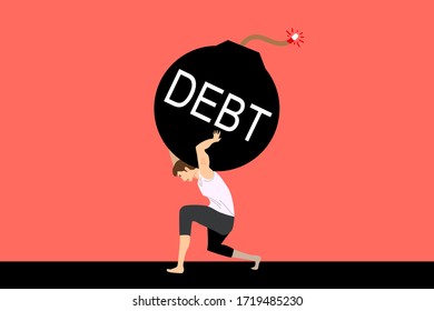 A man is lifting the bomb of debt on his back.