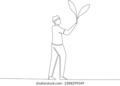 Ein Mann, der ein breites Blatt hebe. Einzeilige Zeichnung des Weltraumtagstages