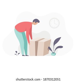 Hombre levantando cajas de cartón. un hombre recoge una caja del suelo. ilustración plana. paquete grande en una caja