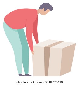 Man lifting cardboard boxes. a man picks up a box from the floor. flat illustration. big package in a box